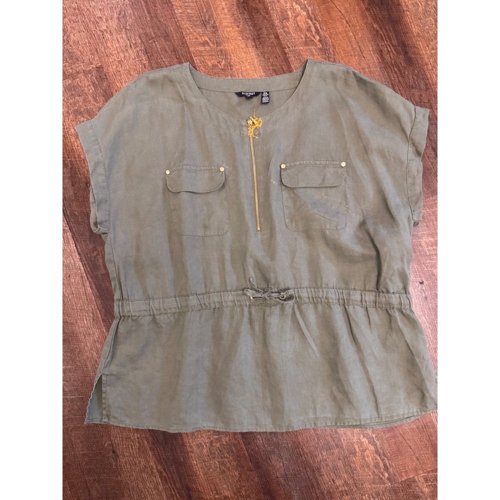 Ellen Tracy Women's XL 100% Linen Olive Green Utility Top Gold Zip